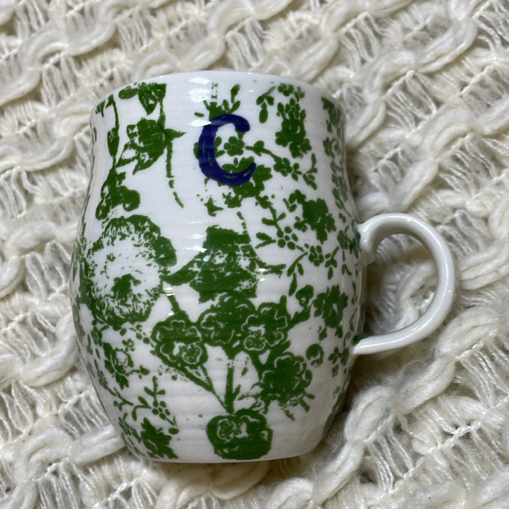 Coffee Tea Mug Cup ivy flower letter “C” in blue 14oz initial Homegrown Ceramic